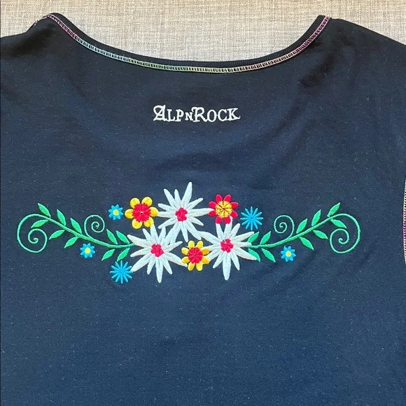Alp & Rock Kukkia Henley Black Long Sleeve Embroidered Flower Top Shirt M - Picture 8 of 9
